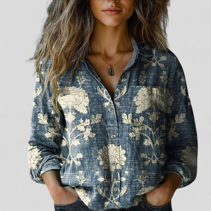 Effortless Patchwork Floral Blouse for Women with Collar Long Sleeve Button Front Bohemian Style