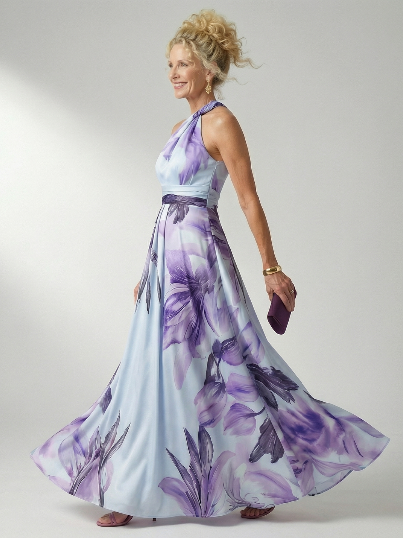 Elegant Floral Cocktail Dress for Women with One Shoulder Halter Sash Waist Flowing Maxi Style