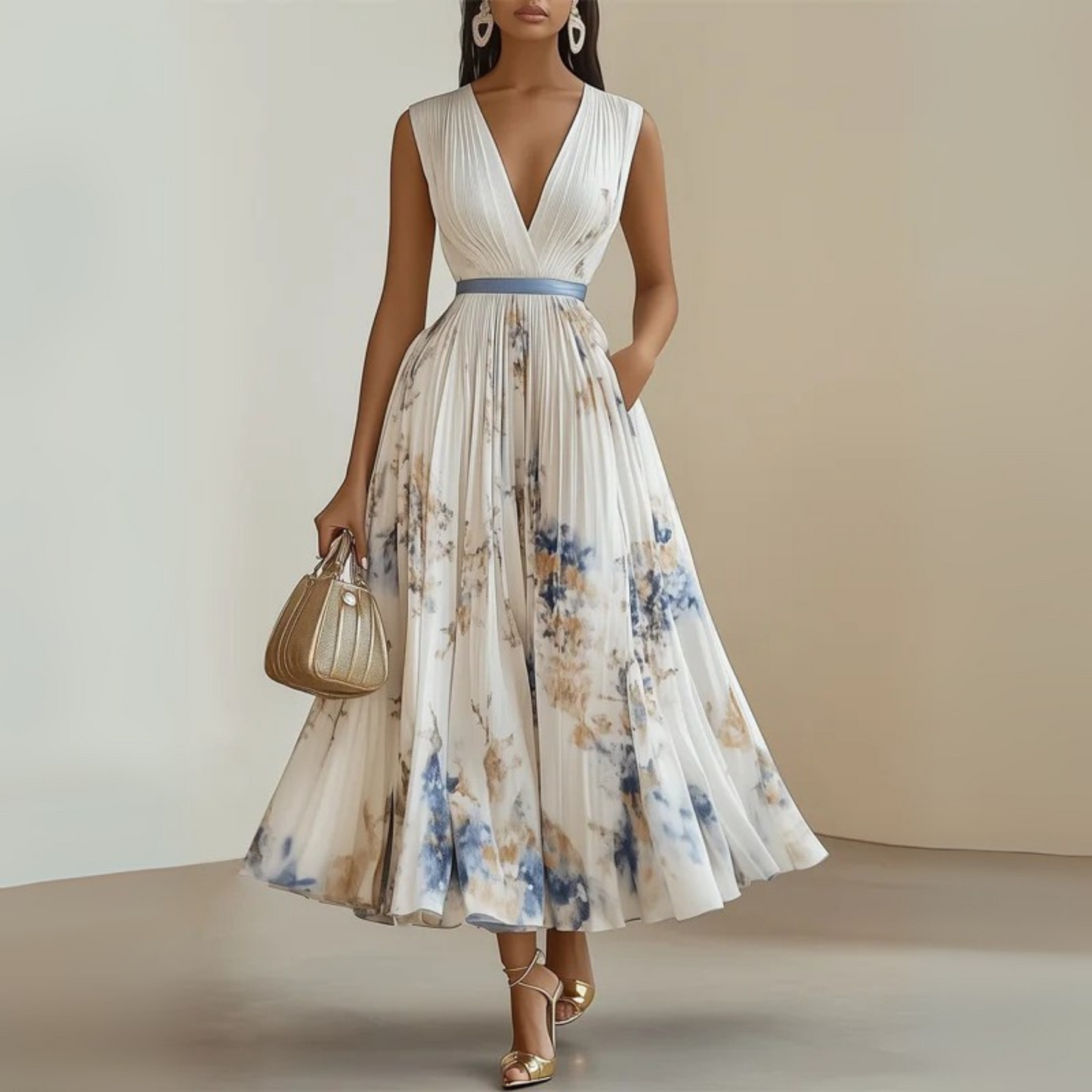 Effortless Watercolor Floral Midi Dress for Women with V Neck Sleeveless Pleated Belted Flowing Style