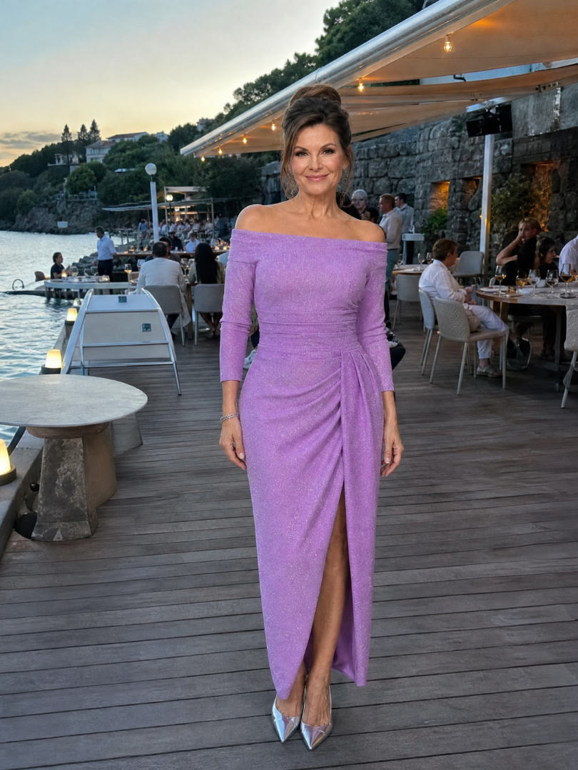 Elegant Shimmer Maxi Dress for Women with Off Shoulder Bracelet Sleeve Ruched Slit Formal Wedding Guest Style