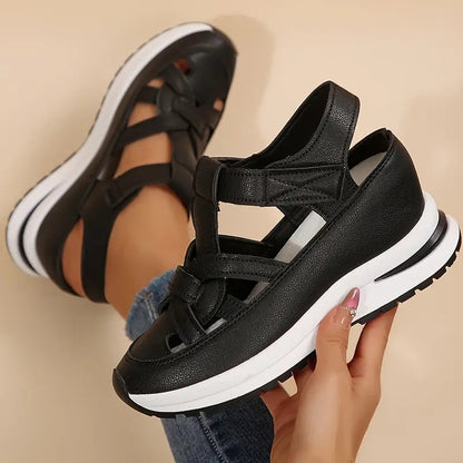 Effortless Woven Wedge Sneaker Sandal for Women with Velcro Strap Closed Toe Chunky Sole Casual Style
