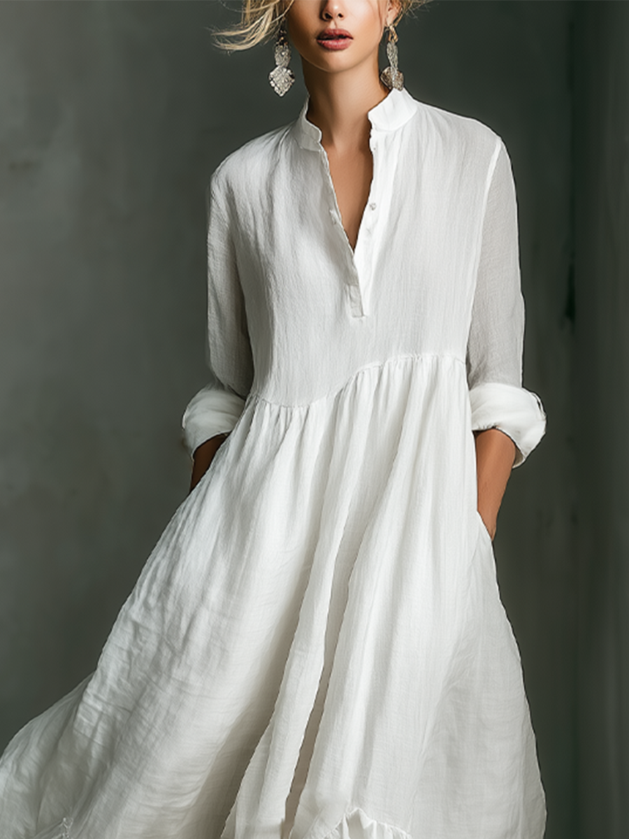 Elegant White Linen Maxi Dress for Women with V Neck Long Sleeve Tiered Ruffle Flowing Bohemian Style