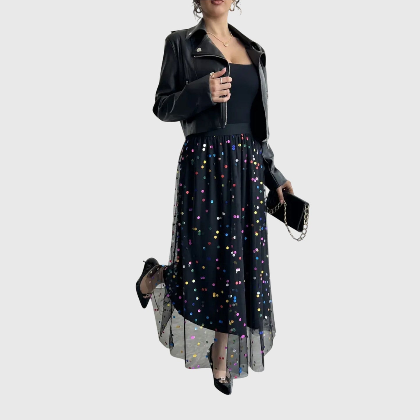Elegant Black Sequin Polka Dot Maxi Skirt for Women with High Waist Mesh Overlay Sparkle Party Style