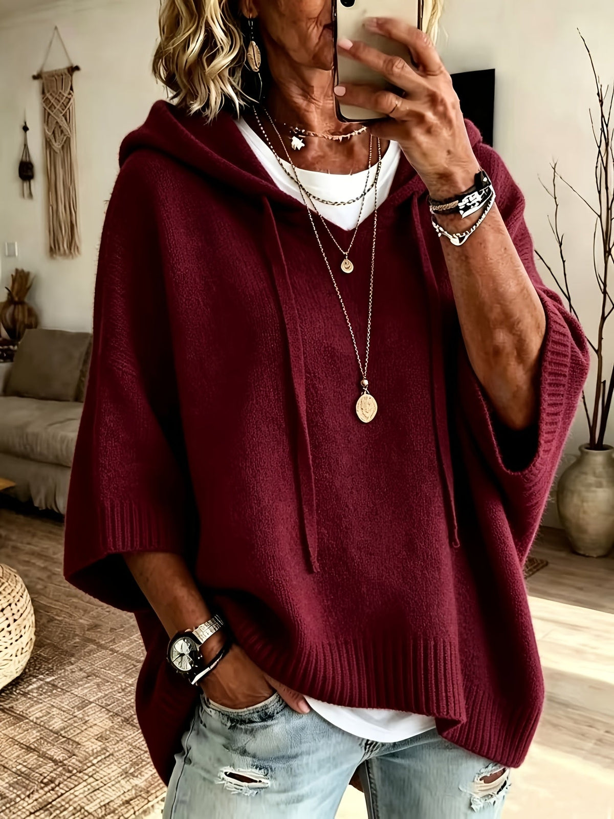 Easy Knit Oversized Hoodie for Women with Hooded Neck Half Sleeve Batwing Easy Style