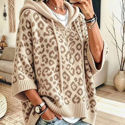 Easy Leopard Print Oversized Hoodie for Women with Hooded Neck Batwing Sleeve Drawstring Knit Style