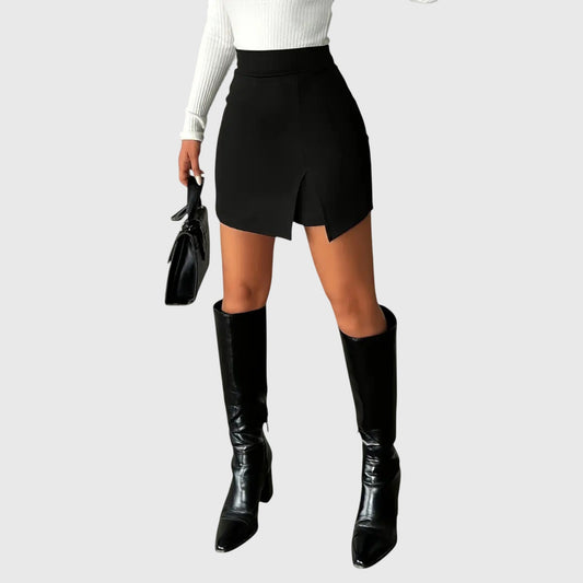 Elegant Black Mini Skirt for Women with High Waist Asymmetrical Hem Slit Bodycon Style