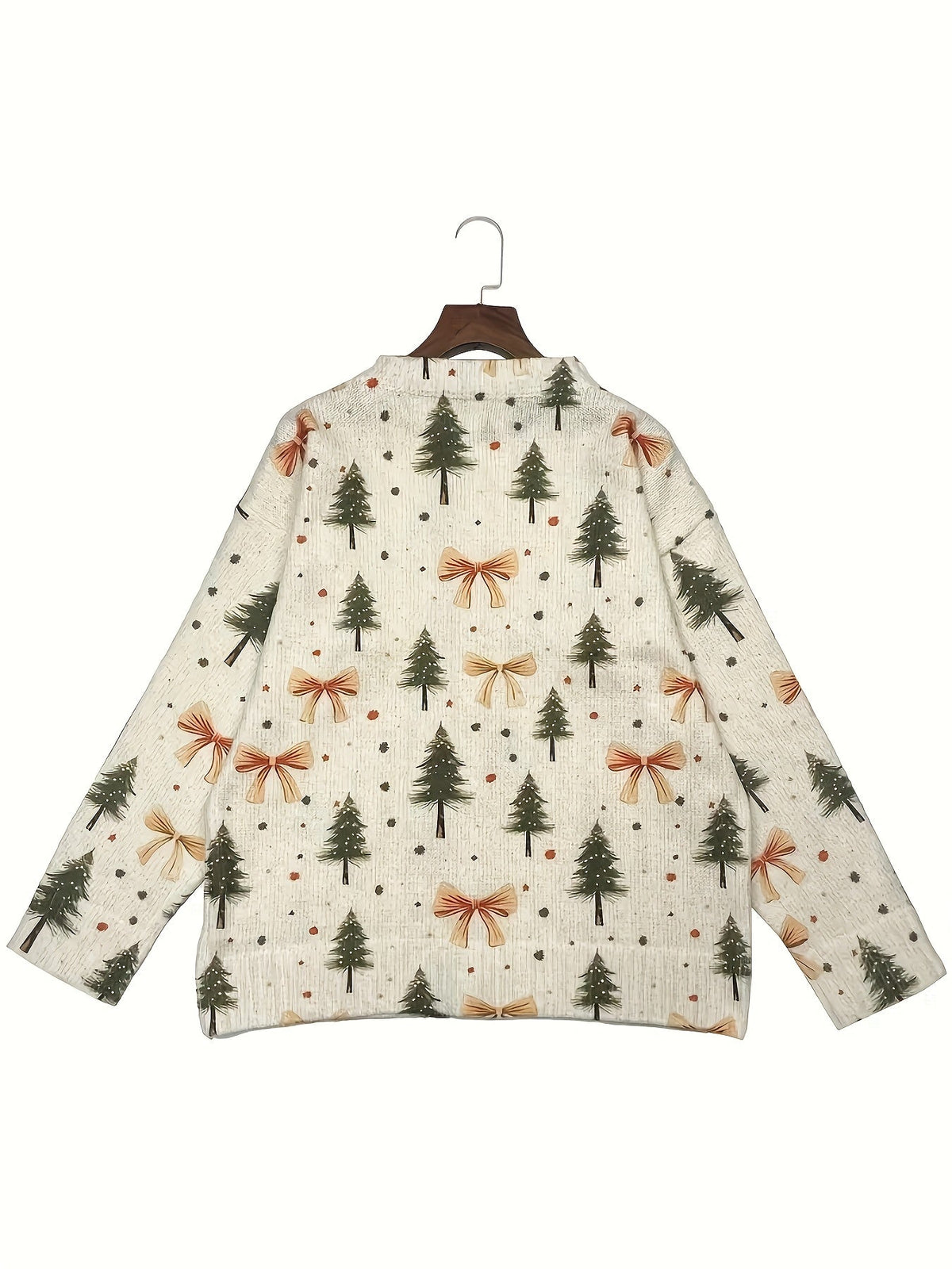 Easy Bow Print Christmas Sweater for Women with V Neck Long Sleeve Button Down Relaxed Knit Style