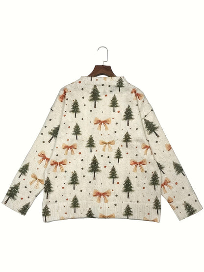 Easy Bow Print Christmas Sweater for Women with V Neck Long Sleeve Button Down Relaxed Knit Style
