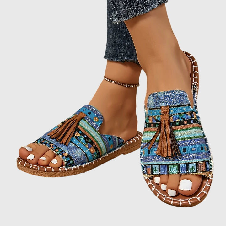 Effortless Tribal Print Toe Ring Sandal for Women with Tassel Flat Boho Style