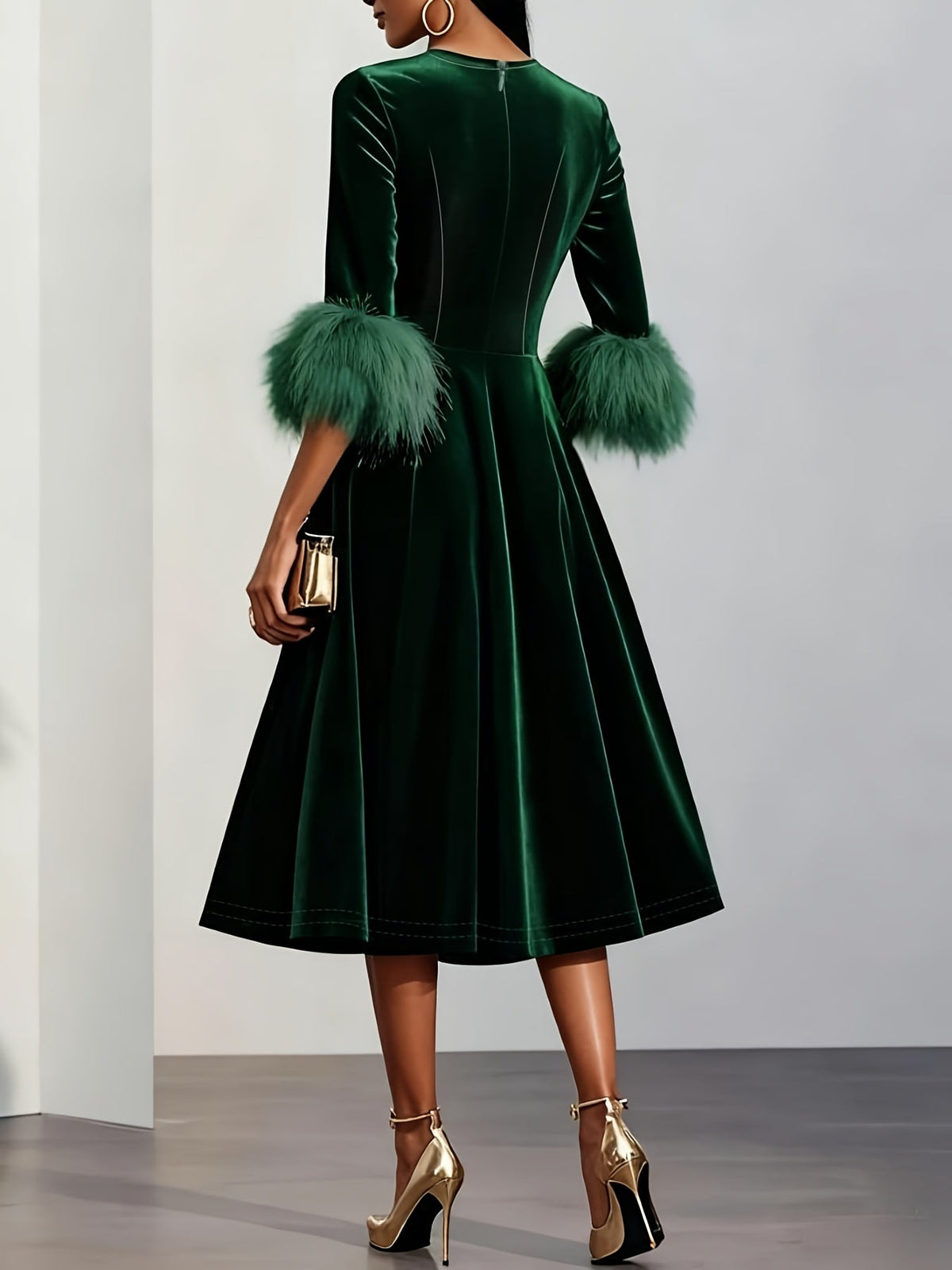 Effortless Velvet Semi Formal Dress for Women with Round Neck Feather Trim Sleeve Flared Midi Occasion Style