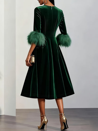 Effortless Velvet Semi Formal Dress for Women with Round Neck Feather Trim Sleeve Flared Midi Occasion Style