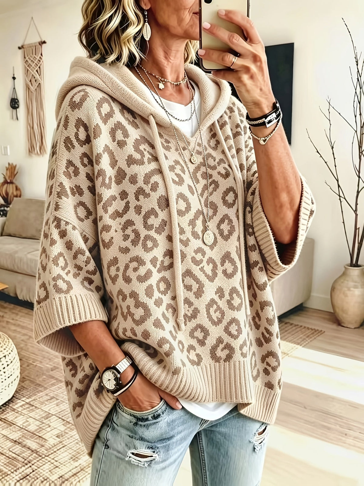 Easy Leopard Print Oversized Hoodie for Women with Hooded Neck Batwing Sleeve Drawstring Knit Style