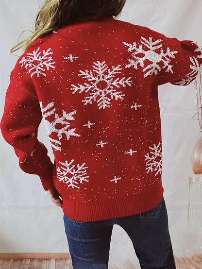 Warm Red Snowflake Christmas Sweater for Women with Mock Neck Long Sleeve Easy Fit Knit Style