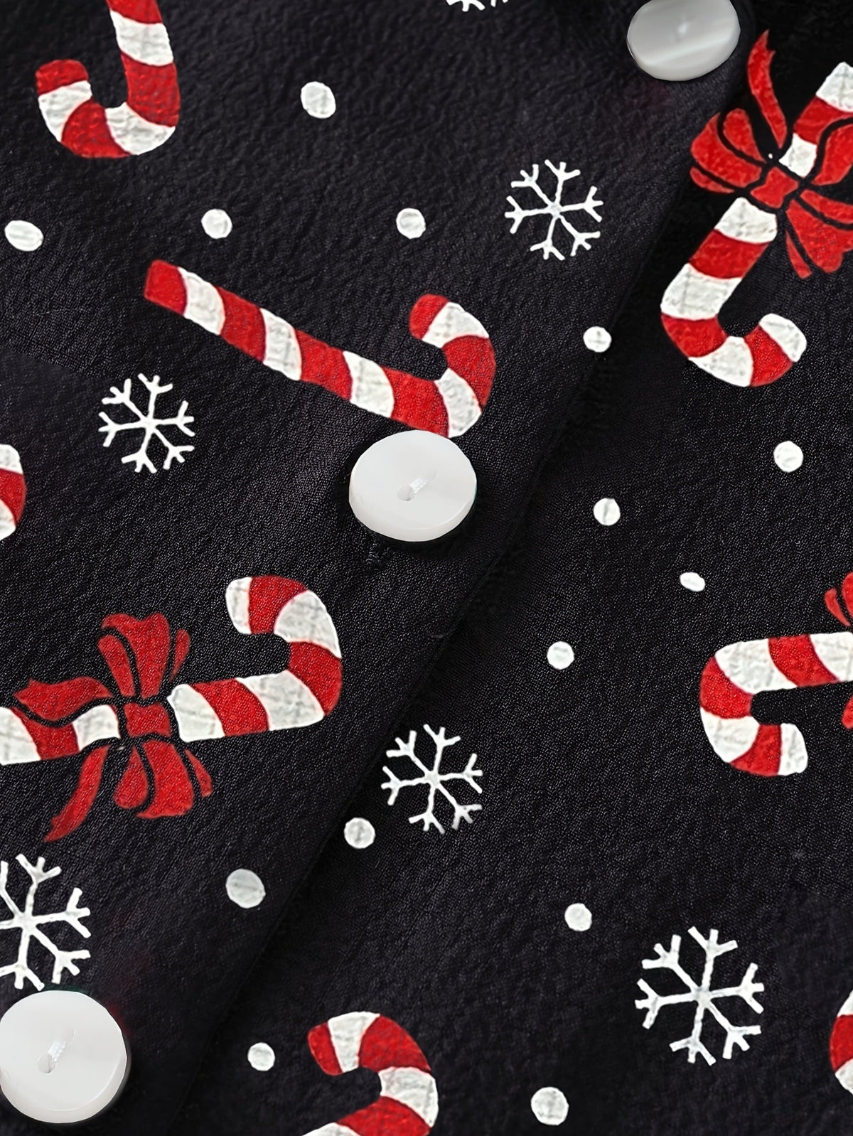 Warm Black Candy Cane Print Christmas Pajamas for Women with Notched Collar Long Sleeve Ruffle Trim Easy Style