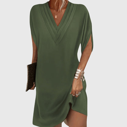 Effortless Mini Dress for Women with V Neck Split Sleeve Tulip Hem Relaxed Flowing Style