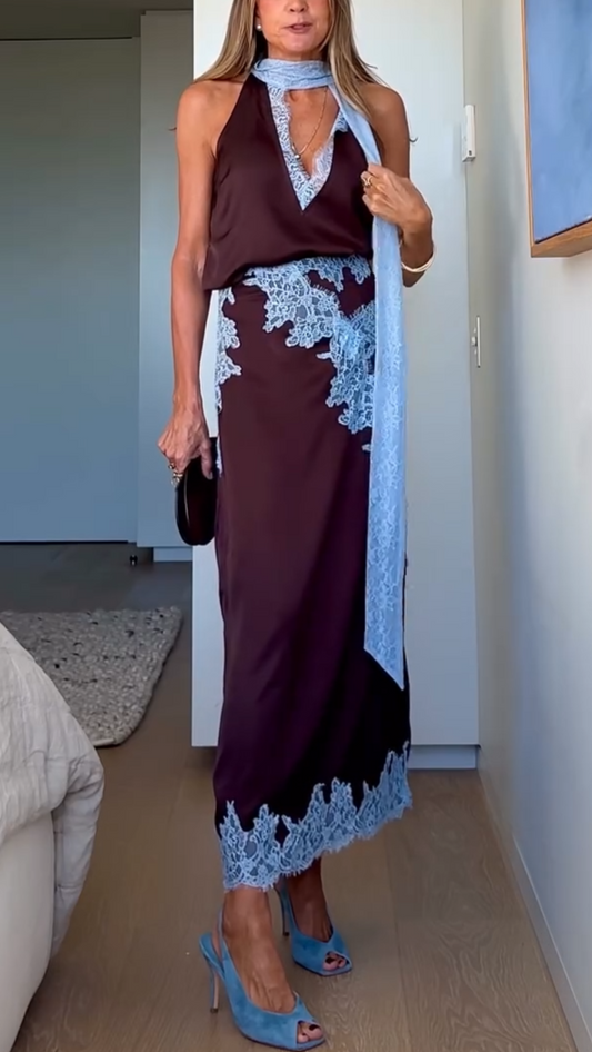 Elegant Brown Lace Maxi Dress for Women with Halter Neck Satin Draped Flowing Style