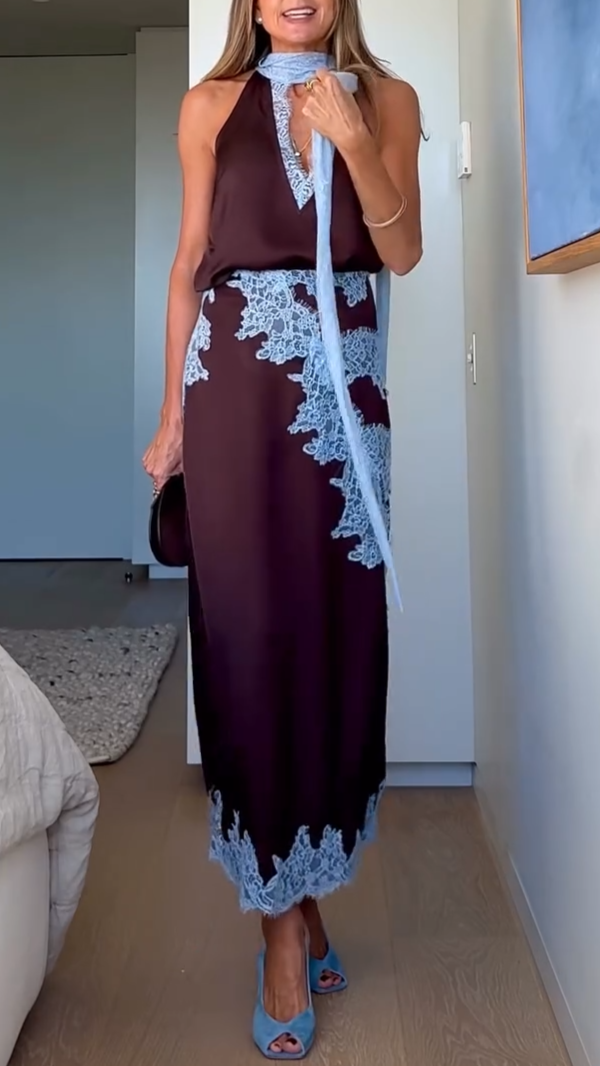 Elegant Brown Lace Maxi Dress for Women with Halter Neck Satin Draped Flowing Style