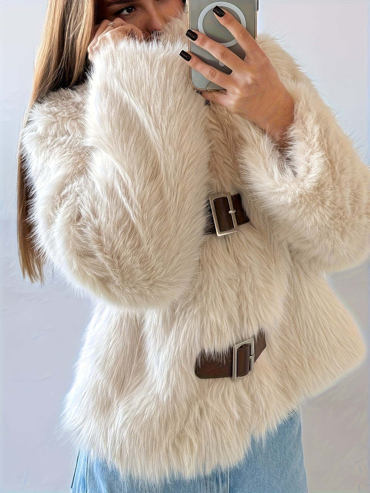 Warm Cream Flurry Coat for Women with Buckle Front Shaggy Faux Fur Cropped Soft Cold Weather Style