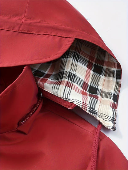 Chic Red Hooded Rainwear Jacket for Women with Plaid Lining Drawstring Waist Front Zip All Weather Style