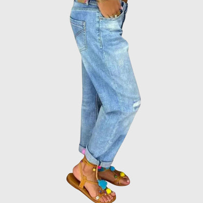Effortless Blue Distressed Jeans for Women with High Waist Button Fly Cuffed Relaxed Style
