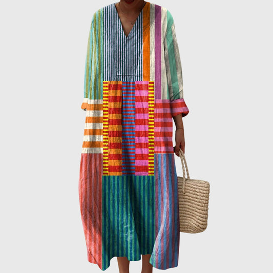 Effortless Patchwork Print Linen Maxi Dress for Women with V Neck Long Sleeve Relaxed Flowing Bohemian Style