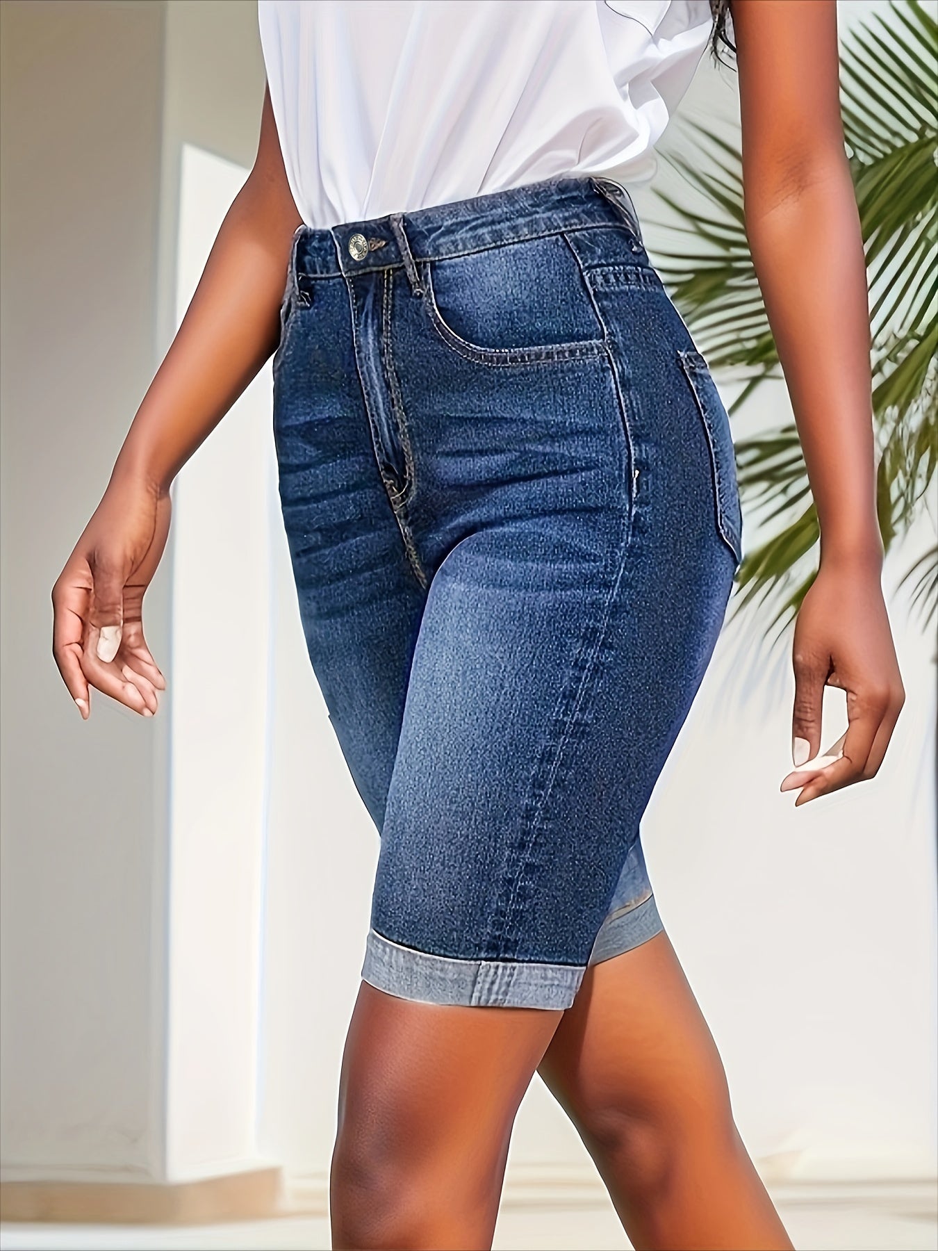 Effortless Blue Denim Bermuda Shorts for Women with High Waist Cuffed Hem Relaxed Style