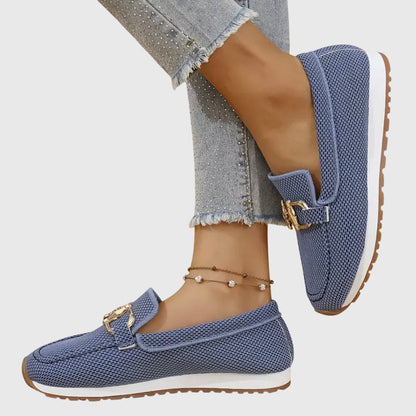 Comfortable Knit Mesh Loafer Sneaker for Women with Gold Horsebit Buckle Platform Slip On Casual Style