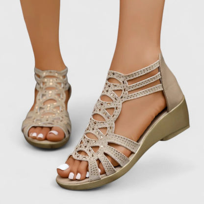 Elegant Rhinestone Caged Wedge Sandal for Women with Peep Toe Zip Back Low Heel Style