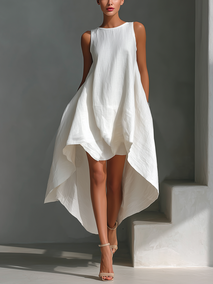 Effortless Linen High Low Dress for Women with Round Neck Sleeveless Flowing Asymmetrical Style
