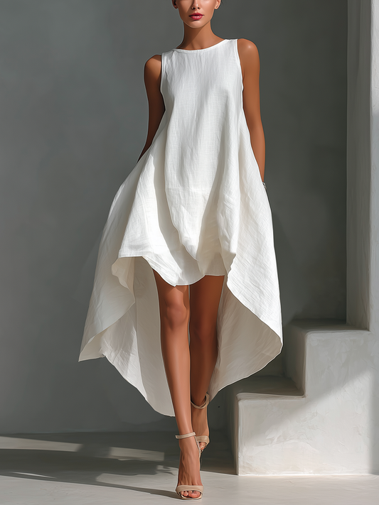 Effortless Linen High Low Dress for Women with Round Neck Sleeveless Flowing Asymmetrical Style