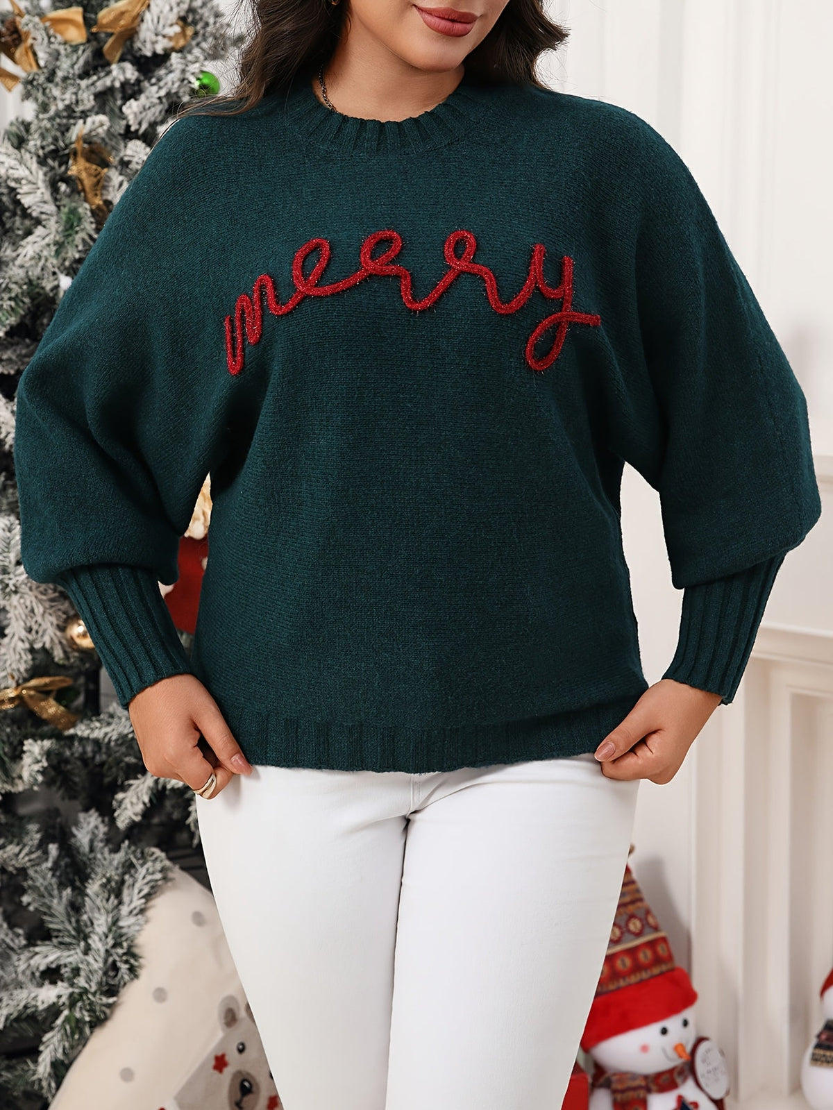 Warm Green Merry Letter Christmas Tacky Sweater for Women with Round Neck Long Sleeve Knit Pullover Festive Style