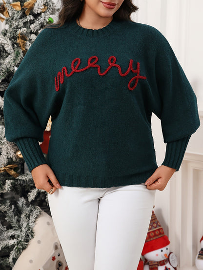 Warm Green Merry Letter Christmas Tacky Sweater for Women with Round Neck Long Sleeve Knit Pullover Festive Style