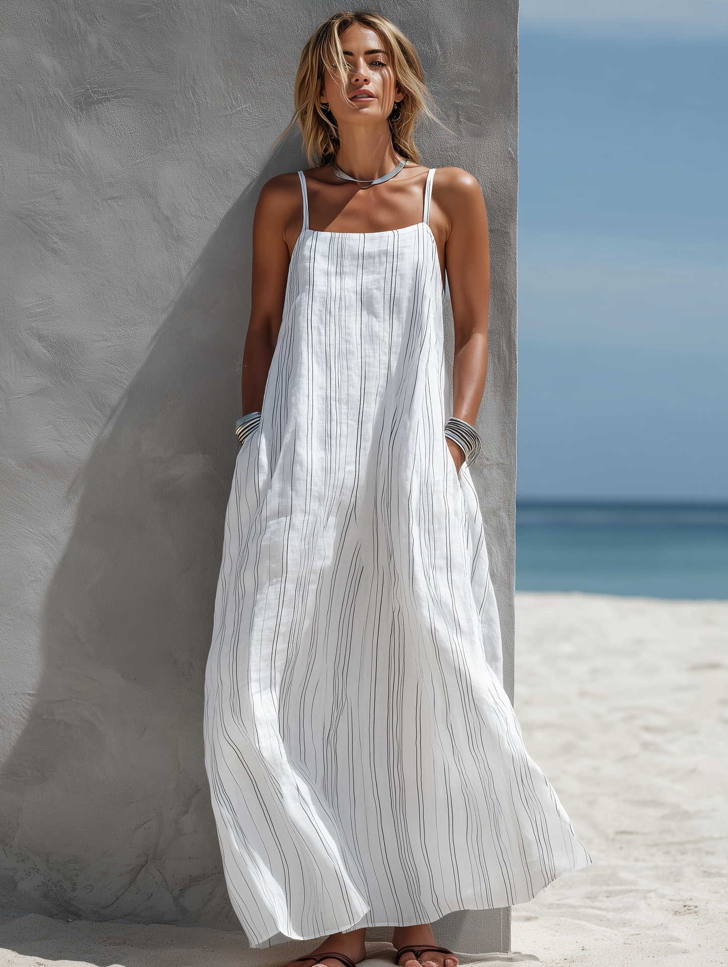 Effortless White Striped Linen Maxi Dress for Women with Square Neck Spaghetti Strap Flowing Bohemian Style
