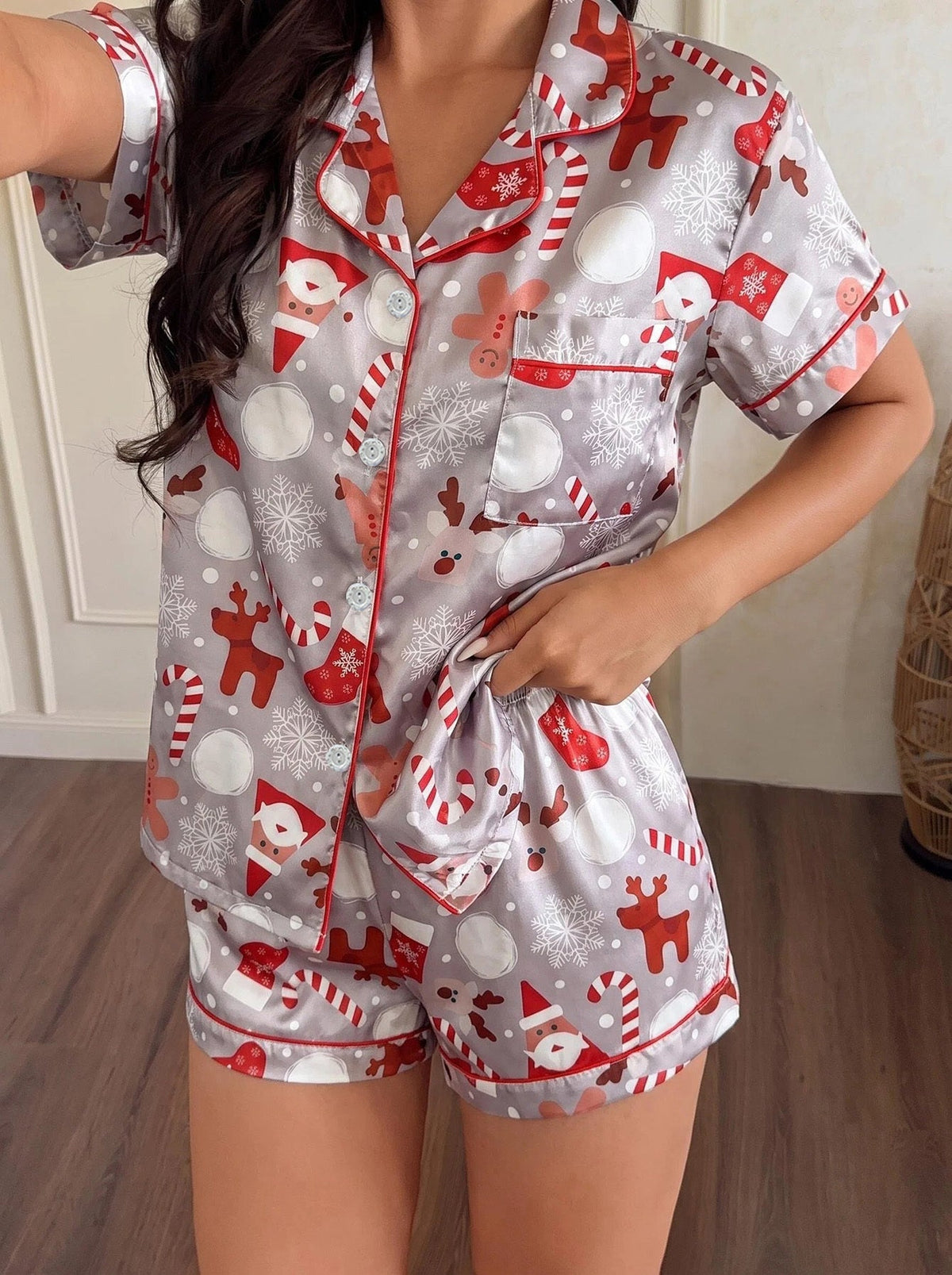 Warm Gray Satin Christmas Pajamas for Women with Notched Collar Short Sleeve Button Down Two Piece Style