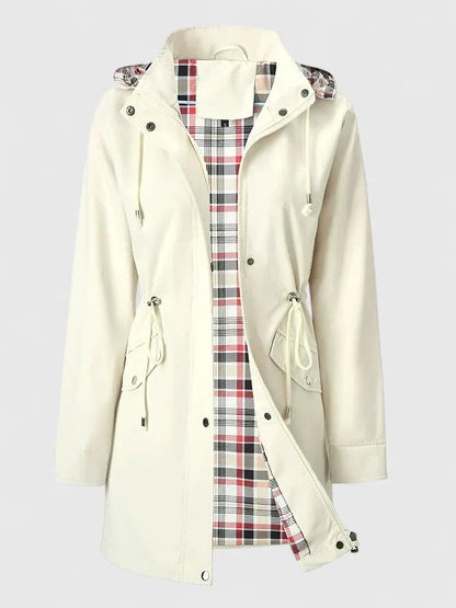 Elegant Red Plaid Lined Rain Jacket for Women with Hooded Long Sleeve Drawstring Waist Relaxed Style