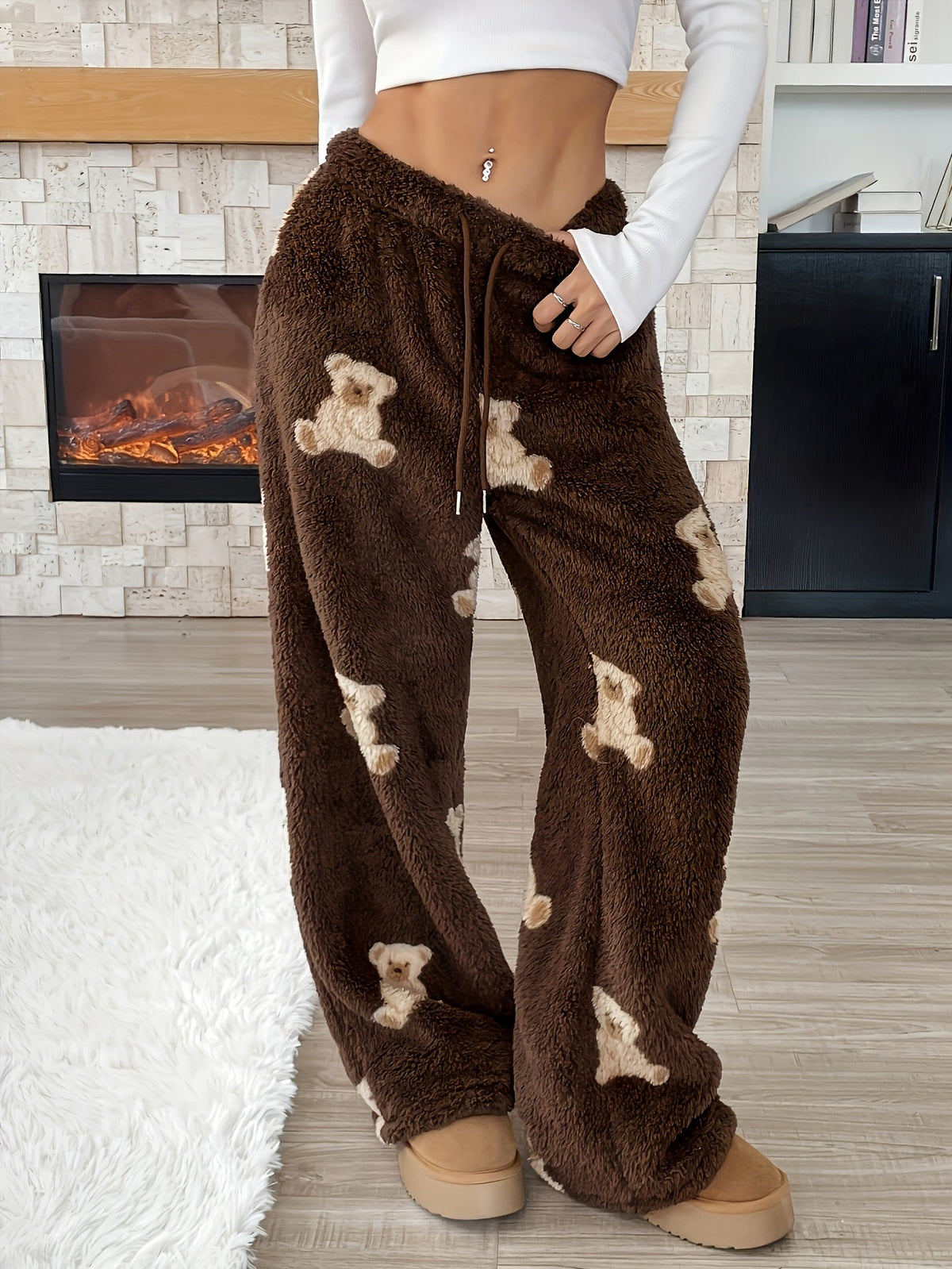 Warm Brown Teddy Bear Sweatpants for Women with Elastic Drawstring Wide Leg Plush Fleece Loungewear Style