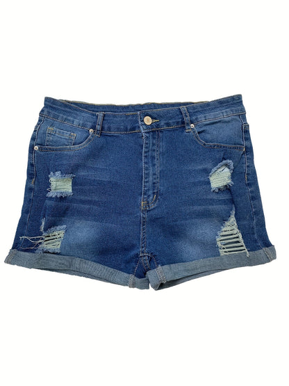 Effortless Distressed Denim Shorts for Women with High Waisted Cuffed Hem Casual Style