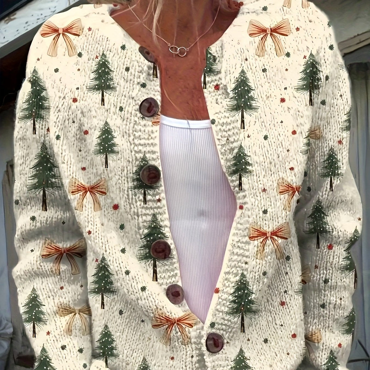 Easy Bow Print Christmas Sweater for Women with V Neck Long Sleeve Button Down Relaxed Knit Style