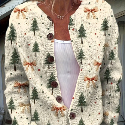 Easy Bow Print Christmas Sweater for Women with V Neck Long Sleeve Button Down Relaxed Knit Style