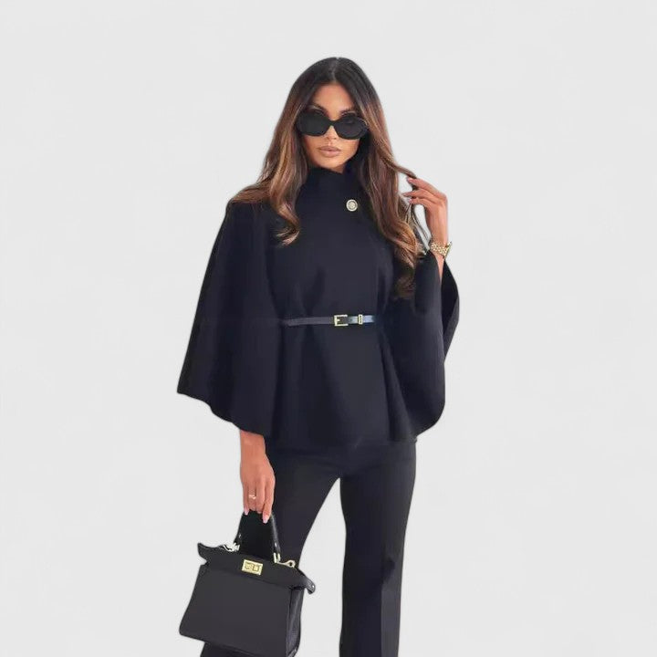 Elegant Cape Jacket for Women with Mock Neck Bell Sleeve Belted Peplum Style
