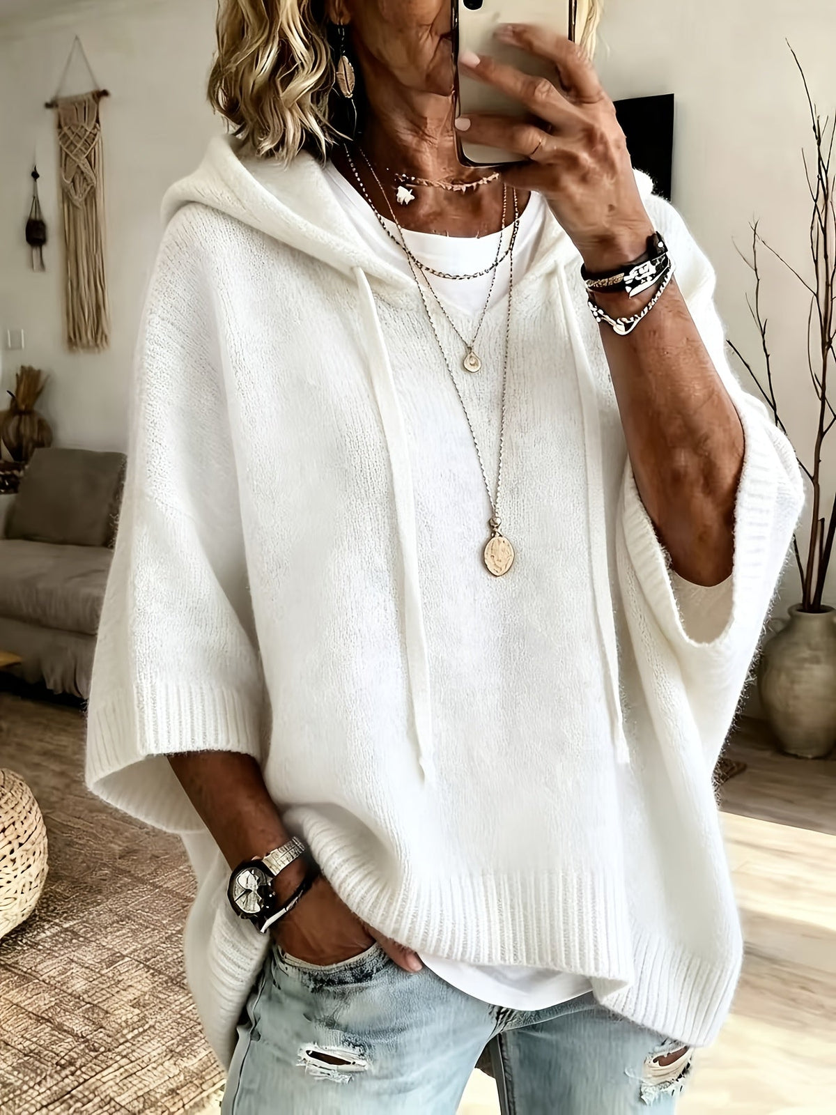 Easy Knit Oversized Hoodie for Women with Hooded Neck Half Sleeve Batwing Easy Style