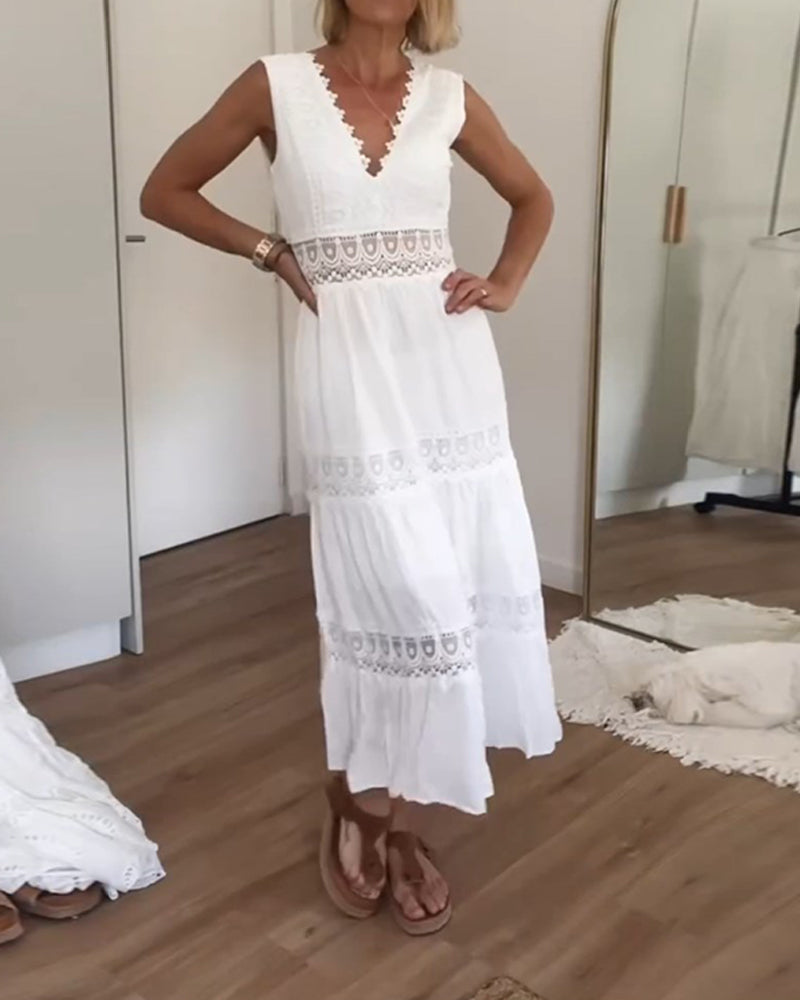 Effortless White Crochet Lace Maxi Dress for Women with V Neck Sleeveless Tiered Flowing Boho Style