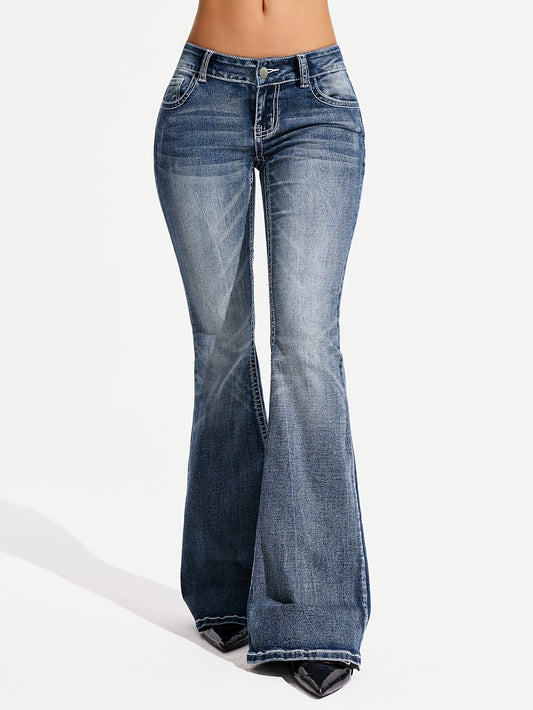 Stylish Blue Bell Bottom Jeans for Women with Low Rise Whisker Wash Flared Relaxed Style