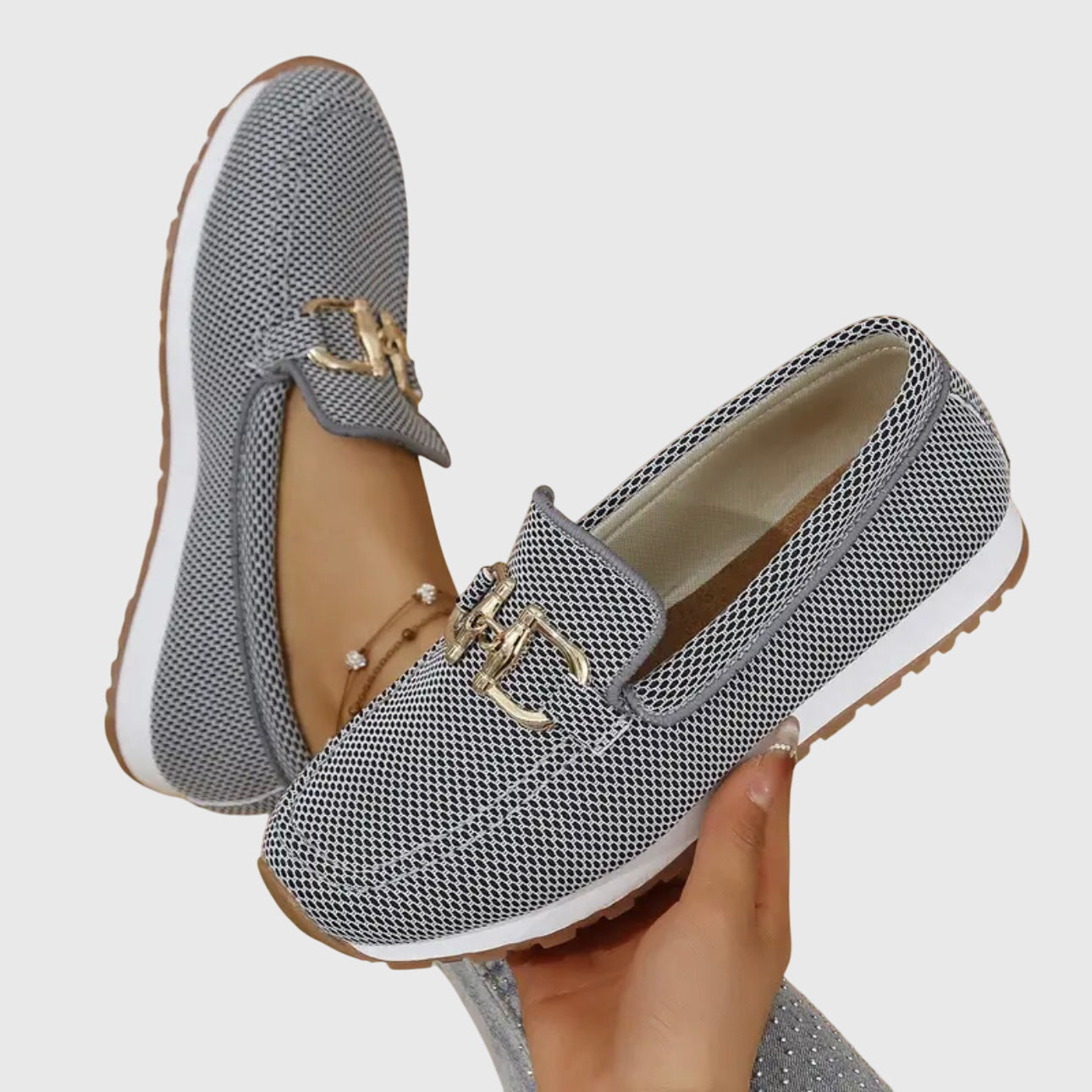 Effortless Knit Mesh Loafer Sneakers for Women with Gold Horsebit Buckle Platform Slip On Style