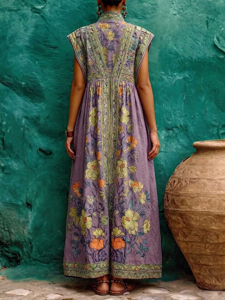 Elegant Purple Floral Kaftan Maxi Dress for Women with High Neck Cap Sleeve Embroidered Flowing Boho Style