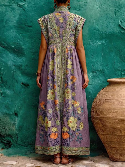 Elegant Purple Floral Kaftan Maxi Dress for Women with High Neck Cap Sleeve Embroidered Flowing Boho Style