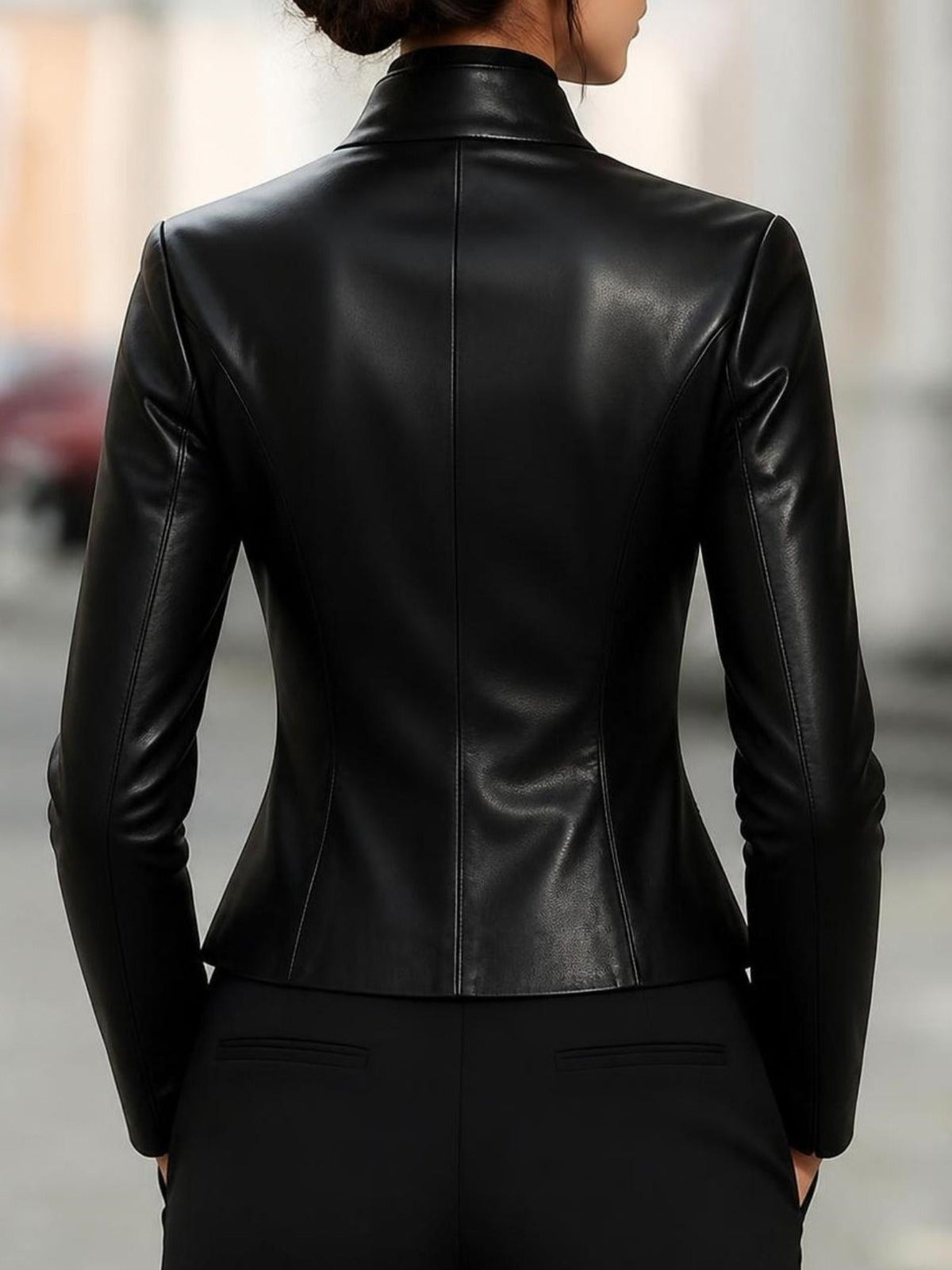 Refined Black Faux Leather Jacket for Women with Stand Collar Asymmetrical Button Tailored Peplum Biker Style