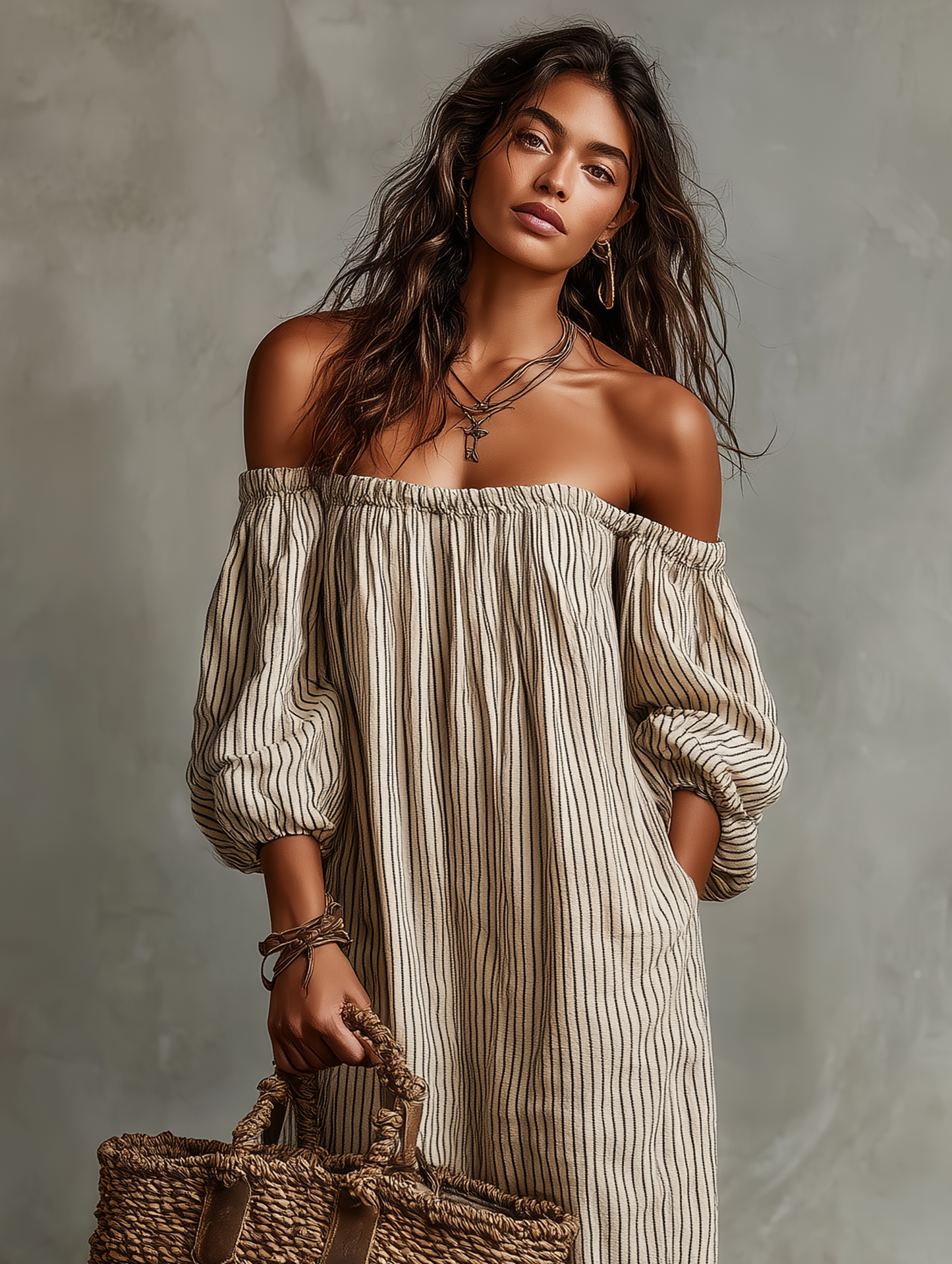 Effortless Beige Striped Linen Maxi Dress for Women with Off Shoulder Balloon Sleeve Flowing Bohemian Style