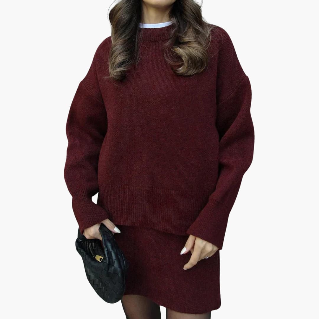 Stylish Black Knit Two Piece Set for Women with Round Neck Sweater High Waist Mini Skirt Loungewear Style