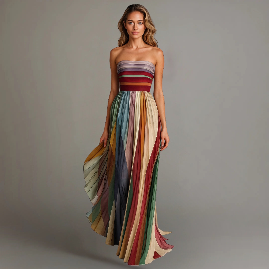 Elegant Multicolor Striped Maxi Dress for Women with Strapless Pleated A Line Flowing Wedding Guest Style